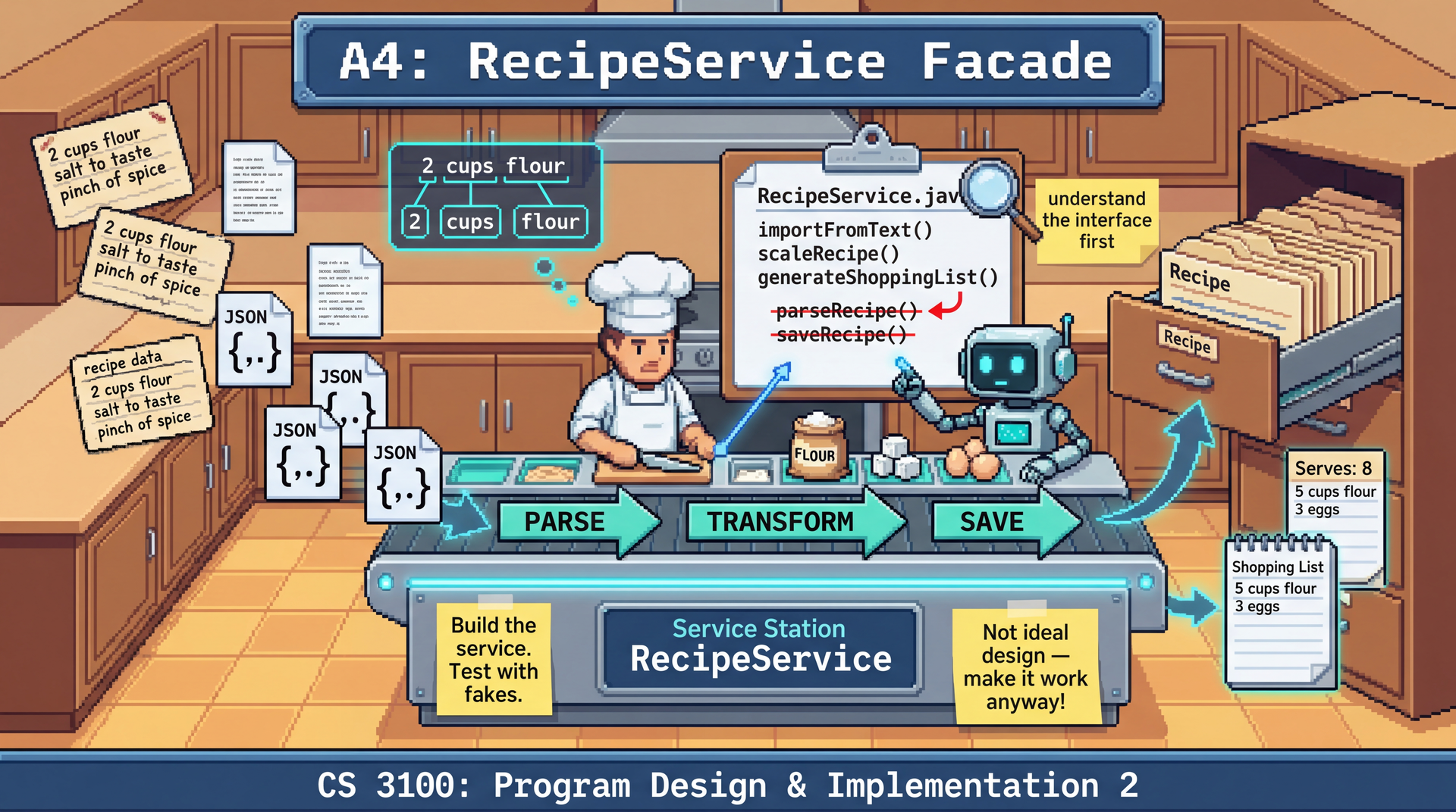 8-bit lo-fi pixel art illustration for a programming assignment cover. Kitchen/bakery setting with warm wooden cabinets and countertops in browns and tans. Scene composition (left to right): Chaotic inputs arriving at the kitchen: (1) messy handwritten recipe cards with scribbled text like "2 cups flour", "salt to taste", (2) plain text documents floating in, (3) JSON file icons. These represent unstructured recipe data. The pixel art chef stands at a large "Service Station" counter (like a prep station in a commercial kitchen). The station has a conveyor belt labeled "RecipeService" with organized compartments showing the workflow: PARSE → TRANSFORM → SAVE. Above the station, a clipboard shows an interface spec titled "RecipeService.java" with visible method signatures: "importFromText()", "scaleRecipe()", "generateShoppingList()". Crossed out in red are cleaner alternatives written below like "parseRecipe()" and "saveRecipe()" as separate methods — representing how the inherited interface bundles too much into single calls. The robot AI assistant helps the chef at the station, organizing ingredients and pointing to different methods. Clean outputs emerge: (1) structured Recipe cards neatly filed in a repository cabinet, (2) a shopping list notepad showing combined ingredients like "5 cups flour", (3) scaled recipes with "Serves: 8" visible. POST-IT NOTES: Yellow sticky reading "Build the service. Test with fakes." and another saying "Not ideal design — make it work anyway!" TOP BANNER: Metallic blue banner with white pixel text "A4: RecipeService Facade". BOTTOM TEXT: "CS 3100: Program Design & Implementation 2". SUBTLE DETAILS: Small parsing bubbles showing "2 cups flour" being broken down into quantity/unit/name components, a magnifying glass over the spec clipboard representing "understand the interface first". Color palette: Warm browns/tans for kitchen, cyan/teal for data flow and service station glow, cream for recipe cards, yellow for sticky notes. Same visual style as A3 persistence cover.