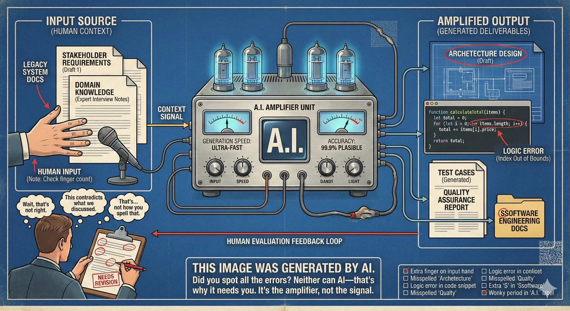 Concept: 'The Amplifier, Not the Signal' (Human Context as the Source) - A clean, technical diagram rendered in the style of an audio engineering schematic—but with intentional AI generation artifacts scattered throughout as Easter eggs. The central amplifier unit labeled 'AI' has impressive specs and glowing indicators. The signal flow shows: Input (left side) with a human providing context—requirements documents, stakeholder interviews, domain knowledge. A hand points to the input, but the hand has six fingers (the classic tell). Output (right side) shows amplified results: code, documentation, test cases—generated at impressive speed. But look closely: one document is titled 'Archetecture Design' (misspelled), another shows a code snippet with a subtle logic error visible. The feedback loop shows a human evaluator with a red pen, circling errors. The reveal: A caption at the bottom breaks the fourth wall: 'This image was generated by AI. Did you spot all the errors? Neither can AI—that's why it needs you.' Diagram illustrating AI as a noisy amplifier with intentional errors