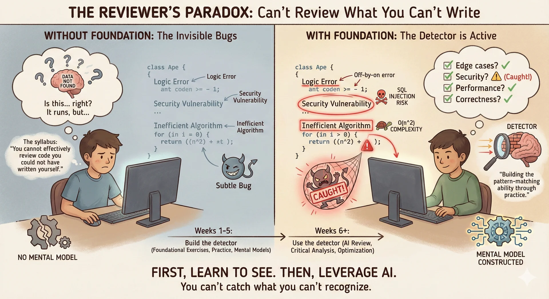 Concept: 'The Reviewer's Paradox' (Can't Review What You Can't Write) - A split-panel diagram rendered in the style of a thoughtful editorial illustration. On the left ('Without Foundation'), a student stares at AI-generated code on a screen. The code contains subtle bugs—a logic error here, a security vulnerability there, an inefficient algorithm—but the bugs are invisible, rendered in the same color as correct code. The student's thought bubble shows question marks and uncertainty: 'Is this... right?' A small demon labeled 'Subtle Bug' hides in the code, grinning. The student has no mental model to detect it. On the right ('With Foundation'), the same student, now having completed foundational exercises, reviews similar code. But now the bugs glow red—visible because the student has built the pattern-matching ability to recognize what 'wrong' looks like. Their thought bubble shows a checklist: 'Edge cases? ✓ Security? ⚠️ Performance? ✓' The demon is caught and highlighted. A timeline at the bottom shows the progression: 'Weeks 1-5: Build the detector → Weeks 6+: Use the detector.' Tagline: 'First, learn to see. Then, leverage AI.' Split diagram showing student unable to review AI code without foundation vs spotting bugs with expertise