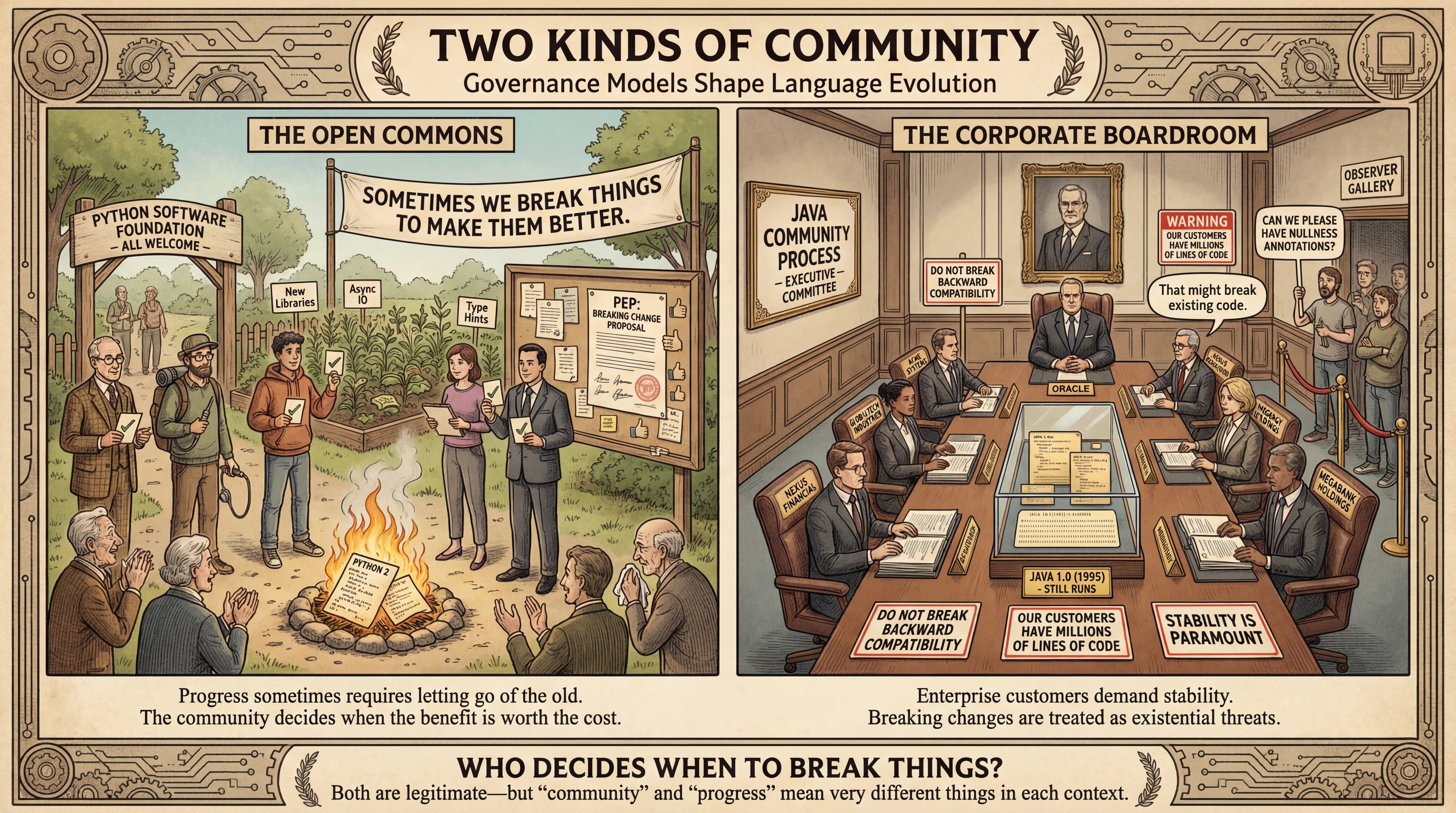 Concept: 'Two Kinds of Community' (Governance Models Shape Language Evolution) - A split-panel illustration in the style of a vintage technical manual, contrasting two approaches to language stewardship. On the LEFT ('The Open Commons'), a public park where diverse individuals gather around a shared garden plot. A teacher, a hobbyist, a startup founder, a student, and a few corporate representatives (visibly outnumbered) all have equal-sized voting cards. A sign reads 'Python Software Foundation - All Welcome.' In the foreground, a small ceremonial bonfire where old code labeled 'Python 2' is being retired—some people cheer while a few look wistful. A banner overhead reads 'Sometimes we break things to make them better.' On the RIGHT ('The Corporate Boardroom'), a polished conference room with a long table. At the head sits an Oracle representative; around the table are six other seats with nameplates reading enterprise company names. A sign on the wall reads 'Java Community Process - Executive Committee.' Prominently displayed: a glass museum case containing ancient code labeled 'Java 1.0 (1995) - STILL RUNS' like a sacred artifact. Red warning signs everywhere: 'DO NOT BREAK BACKWARD COMPATIBILITY.' Tagline options: 'Two definitions of community' / 'Who decides when to break things?' / 'Move fast vs. never break' Contrasting Python open community vs Java corporate boardroom governance models