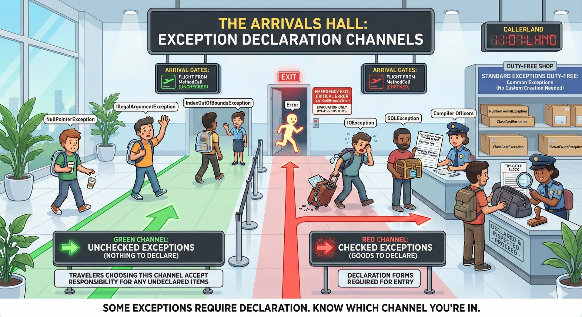 Revised: 'The Arrivals Hall' (Airport Declaration Channels) - A cheerful airport arrivals hall rendered in the style of a friendly airport signage system—think IKEA-meets-international-terminal wayfinding design. The scene shows the familiar customs area after landing, with two clearly marked channels. The green channel ('Nothing to Declare' / Unchecked Exceptions) shows travelers like NullPointerException and IllegalArgumentException walking straight through without stopping—no paperwork, no inspection, just a quick passage into the main terminal. A small sign notes: 'Travelers choosing this channel accept responsibility for any undeclared items.' The red channel ('Goods to Declare' / Checked Exceptions) shows travelers like IOException and SQLException stopping at a customs desk, filling out declaration forms (the throws clause), having their bags inspected (the try-catch block), and getting their forms stamped before proceeding. The process is slower but orderly. Friendly customs officers (the compiler) check that all declarations match what's actually being carried. Tagline: 'Some exceptions require declaration. Know which channel you're in.' Airport arrivals hall showing checked vs unchecked exception handling channels