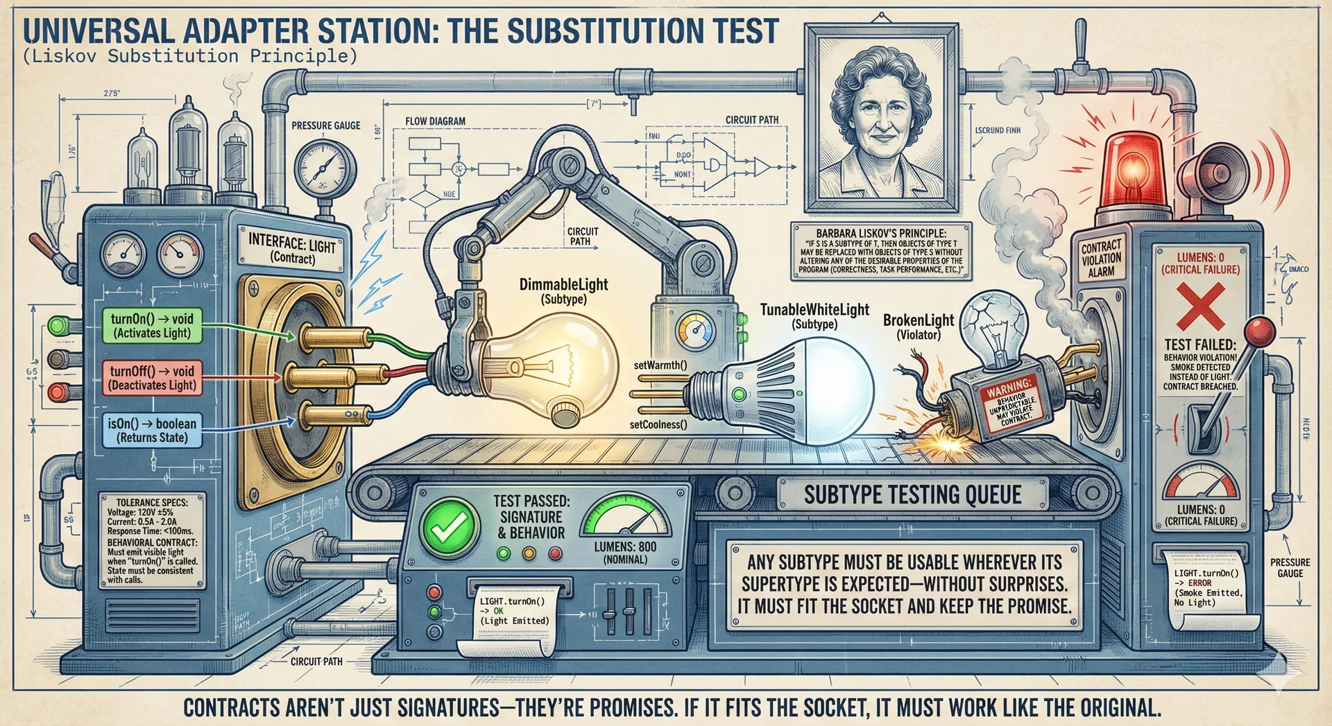Concept: 'The Substitution Test' (Universal Adapter Station) - A stylized electrical/plumbing testing station rendered in clean, technical blueprint style with a hint of mid-century industrial design. The scene shows a universal testing rig where objects must prove they can substitute for their claimed supertypes. On the left, a Light interface is represented as a standardized socket/port with labeled pins: turnOn(), turnOff(), isOn(). In the center, various subtype objects queue up for testing: a DimmableLight (glowing softly), a TunableWhiteLight (with color temperature dial), and a suspicious BrokenLight (cracked and sparking). The DimmableLight plugs in perfectly—all pins connect, a green checkmark appears, and it successfully lights up when turnOn() is called. The TunableWhiteLight also passes (with extra pins for its additional methods safely tucked away). But the BrokenLight fails: its turnOn() pin connects but produces smoke instead of light, triggering a red alarm. A portrait of Barbara Liskov watches approvingly from the wall, captioned with her principle. Tagline: 'If it fits the socket, it must work like the original' or 'Contracts aren't just signatures—they're promises.' Testing station verifying subtype substitutability with Light interface sockets