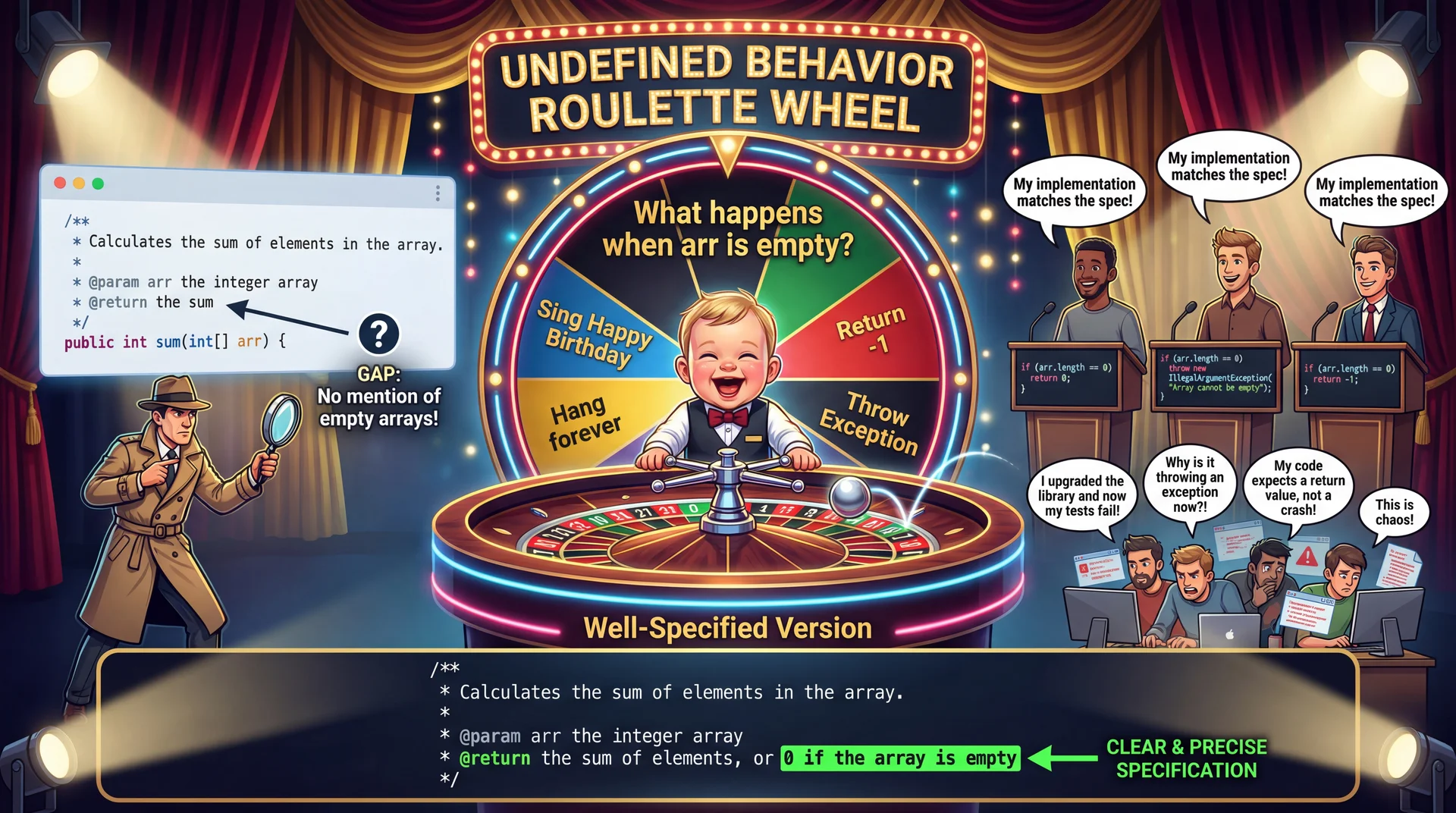 Concept: 'The Undefined Behavior Roulette Wheel' (What Happens When Specs Have Gaps) - A dramatic casino/game-show style illustration showing the danger of under-specified behavior. CENTER - THE ROULETTE WHEEL: A large spinning wheel divided into wedges, each showing a different possible outcome for 'sum(null)'. The wheel is labeled 'What happens when arr is null?' and is being spun by an ominous figure labeled 'Undefined Behavior'. The wedges include: 'Throw NullPointerException' (reasonable), 'Return 0' (maybe intended?), 'Return -1' (huh?), 'Crash the JVM' (disaster), 'Hang forever' (worse), 'Corrupt data silently' (technically allowed!), 'Work fine... sometimes' (worst—intermittent bugs). A small annotation: 'All of these satisfy the spec! The spec is silent on null.' The Undefined Behavior Roulette Wheel