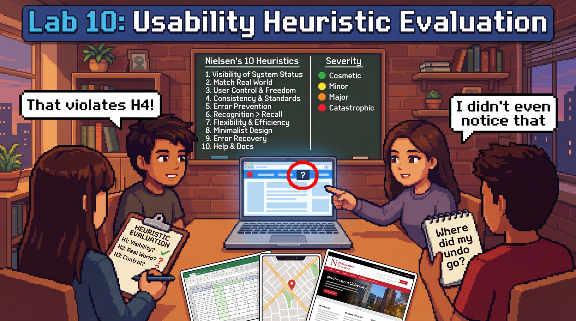 Lo-fi pixel art showing a group of three students huddled around a laptop at a table in a cozy study room. On the laptop screen, a website is visible with a highlighted navigation menu and a red circle drawn around a button that has a question mark in it. One student points at the screen while another writes on a checklist titled 'HEURISTIC EVALUATION' with these items: 'H1: Visibility?', 'H2: Real World?', 'H3: Control?' — some checked off, some with question marks. The third student holds a notepad reading 'Where did my undo go?'. On the table: printouts of three different application interfaces (a spreadsheet, a map app, Northeastern University website) fanned out like playing cards. On the whiteboard behind them, two columns are drawn in chalk. The left column is titled 'Nielsen's 10 Heuristics' and lists: '1. Visibility of System Status', '2. Match Real World', '3. User Control & Freedom', '4. Consistency & Standards', '5. Error Prevention', '6. Recognition > Recall', '7. Flexibility & Efficiency', '8. Minimalist Design', '9. Error Recovery', '10. Help & Docs'. The right column is titled 'Severity' and lists: 'Cosmetic', 'Minor', 'Major', 'Catastrophic' with small colored dots next to each (green, yellow, orange, red). A speech bubble from one student says 'That violates H4!' while another says 'I didn't even notice that'. Warm evening lighting, cozy collaborative workspace atmosphere. Title: 'Lab 10: Usability Heuristic Evaluation'.