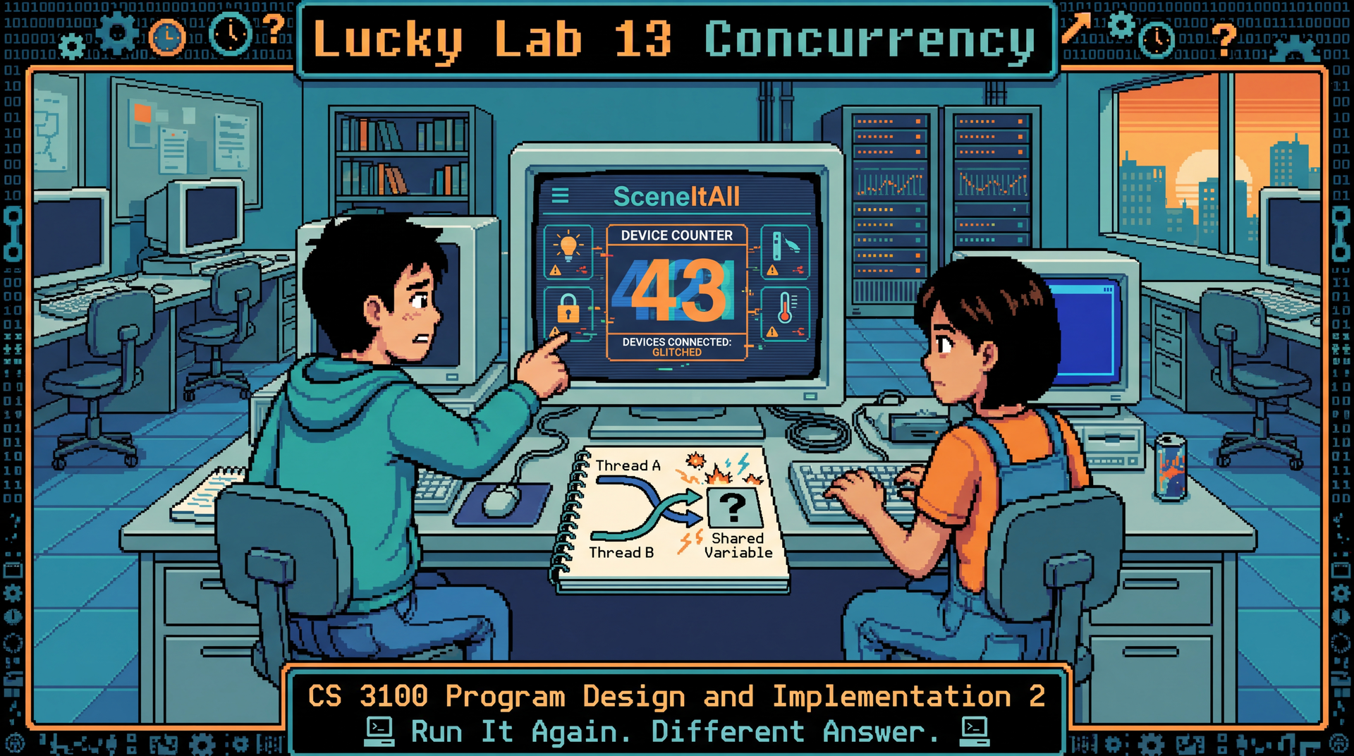 8-bit lo-fi pixel art, retro game aesthetic, clean outlines. Two students sit side by side at one workstation in a computer lab. On the monitor, a SceneItAll smart home dashboard shows a device counter displaying three different numbers overlapping like a ghost image — 42, 43, 41. One student points at the screen while the other types. Between them, a notebook has a hand-drawn diagram of two threads accessing a shared variable with arrows crossing. The mood is focused puzzlement — they ran the same code twice and got different answers. Teal and blue primary tones with warm orange accents. Title banner: Lucky Lab 13 Concurrency. Bottom text: CS 3100 Program Design and Implementation 2. Tagline: Run It Again. Different Answer. 16:9 aspect ratio.