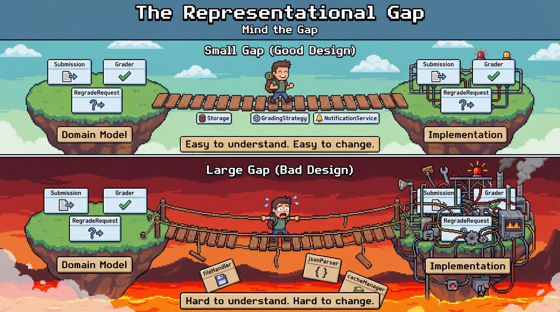 Pixel art split-screen: TOP shows small gap with sturdy bridge labeled 'Storage', 'GradingStrategy', 'NotificationService' - easy crossing. BOTTOM shows huge gap with rickety bridge and technical debris everywhere. Tagline: Mind the Gap.