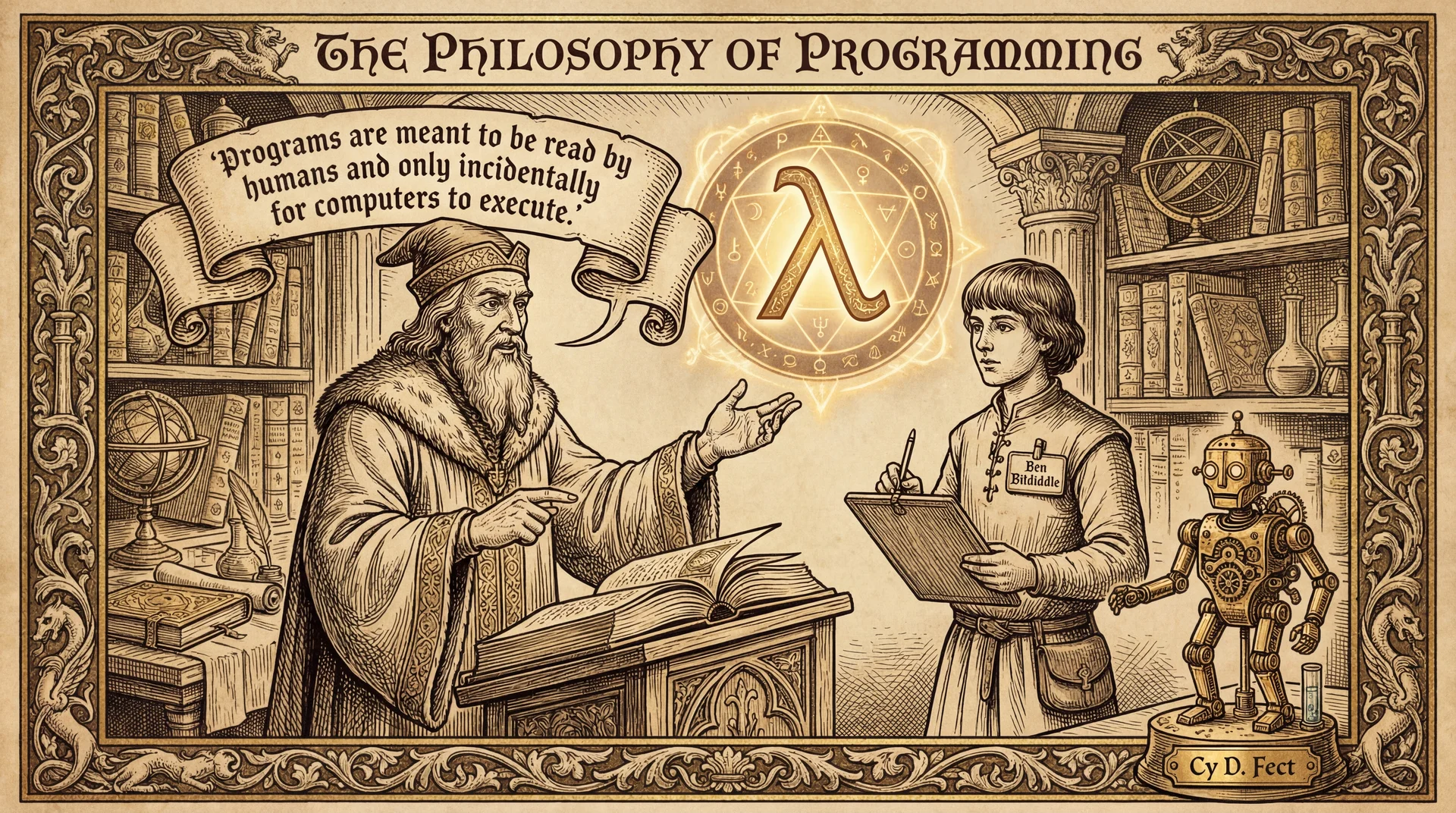 SICP-style illustration: A wizard conjures readable code ('Student', 'Submission', 'GradingSession') while apprentices watch and understand. A small automaton waits passively. A lambda symbol glows in the background. Banner reads: 'Written for people to read.'