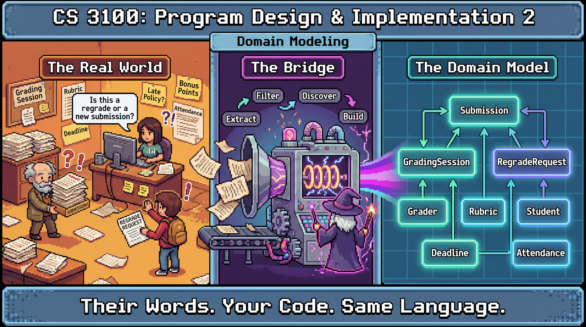 A pixel art illustration showing domain modeling transformation. Left: chaotic grading office with professors, TAs, and papers. Center: a magical translation machine. Right: clean organized class boxes (Submission, GradingSession, RegradeRequest) with connecting arrows. Tagline: Their Words. Your Code. Same Language.