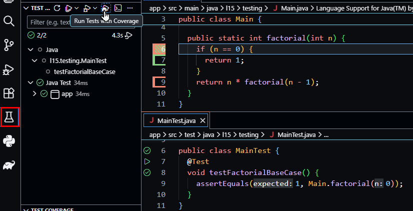 VS Code screenshot showing partial coverage of factorial with a single base-case test