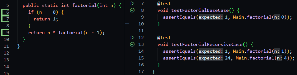 VS Code screenshot showing 100% coverage of factorial with base-case and recursive tests