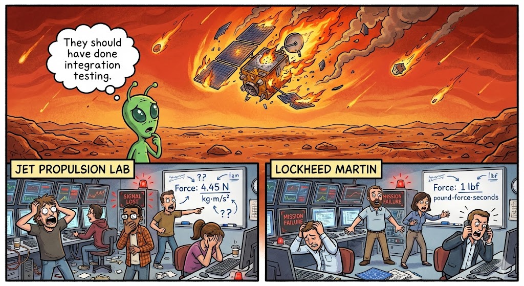 Comic-style illustration of the Mars Climate Orbiter disaster. Top panel shows the spacecraft burning up in Mars' atmosphere while a green alien thinks 'They should have done integration testing.' Bottom left panel labeled 'Jet Propulsion Lab' shows horrified engineers with a whiteboard displaying 'Force: 4.45 N, kg·m/s²'. Bottom right panel labeled 'Lockheed Martin' shows equally distressed engineers with their whiteboard showing 'Force: 1 lbf, pound-force-seconds'.