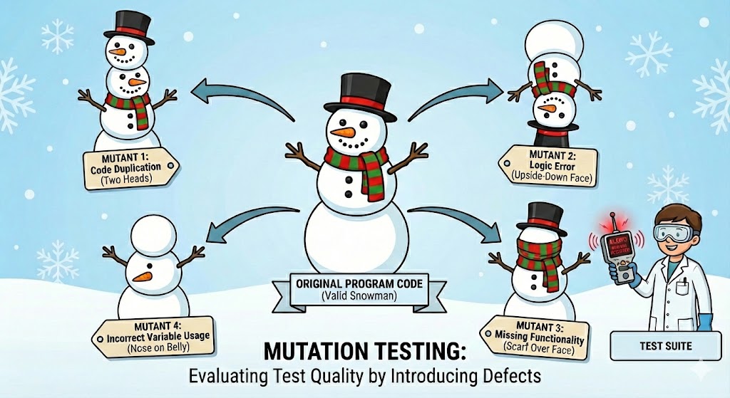 Educational illustration of mutation testing. A valid snowman labeled 'Original Program Code' stands in the center with arrows pointing to four mutated snowmen around it: Mutant 1 has two heads (Code Duplication), Mutant 2 has an upside-down face (Logic Error), Mutant 3 has a scarf covering its face (Missing Functionality), and Mutant 4 has its nose on its belly (Incorrect Variable Usage). A scientist labeled 'Test Suite' holds a beeping detector against Mutant 3. Title reads 'Mutation Testing: Evaluating Test Quality by Introducing Defects'.