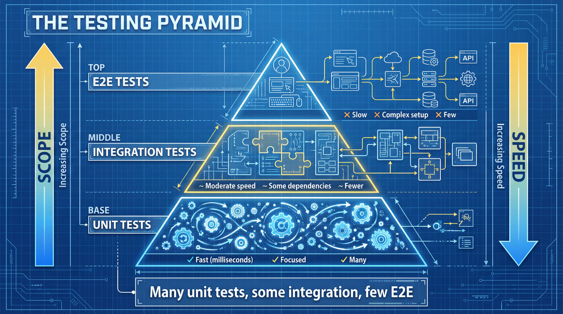 Test pyramid showing unit tests at base, integration in middle, E2E at top