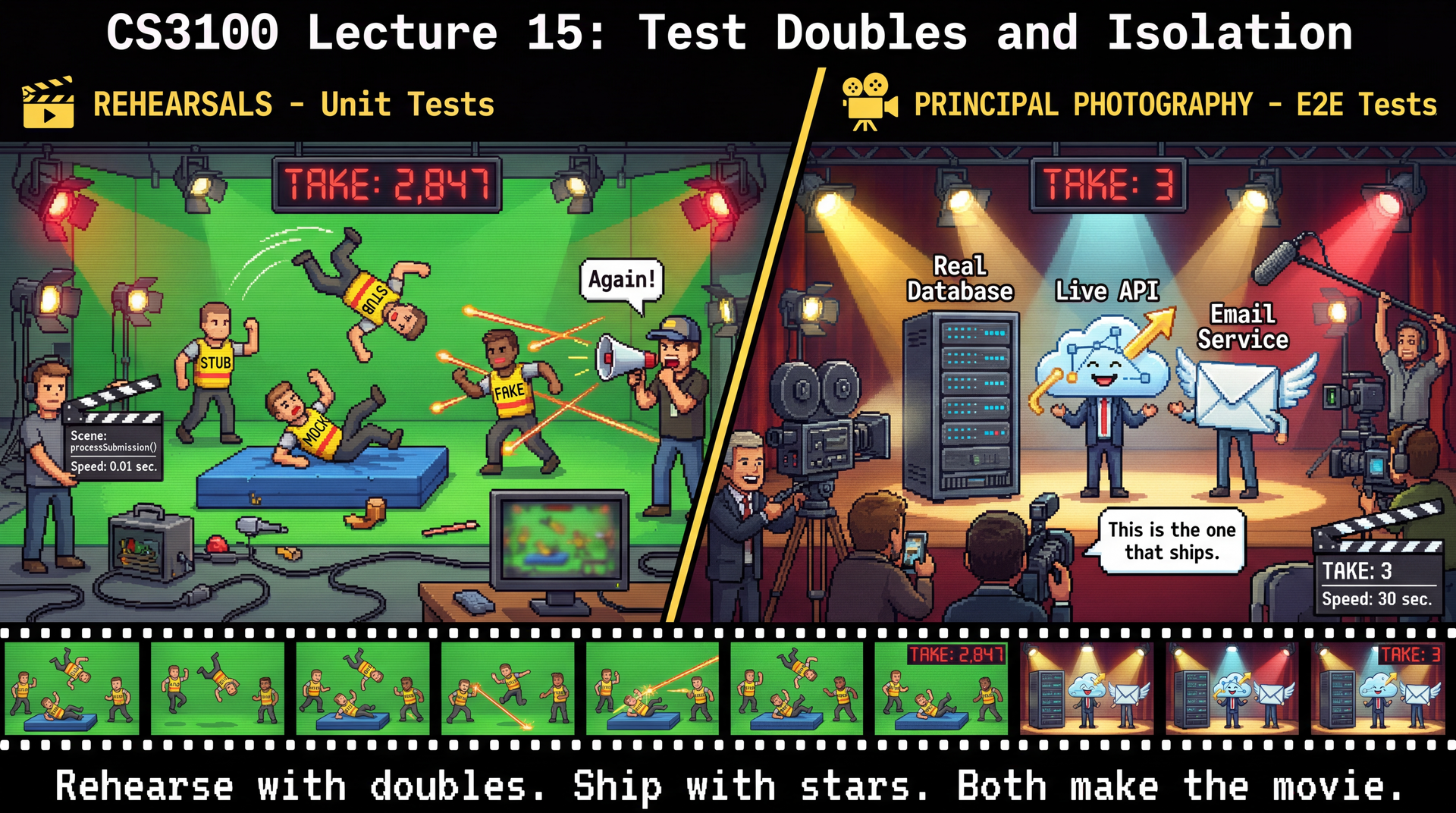 Pixel art movie production split-scene: busy green-screen rehearsals with stunt doubles (Stub, Mock, Fake) doing thousands of takes, alongside principal photography with the real stars (Real Database, Live API) for the final few shots. Film strip at bottom shows the ratio. Tagline: Rehearse with doubles. Ship with stars.