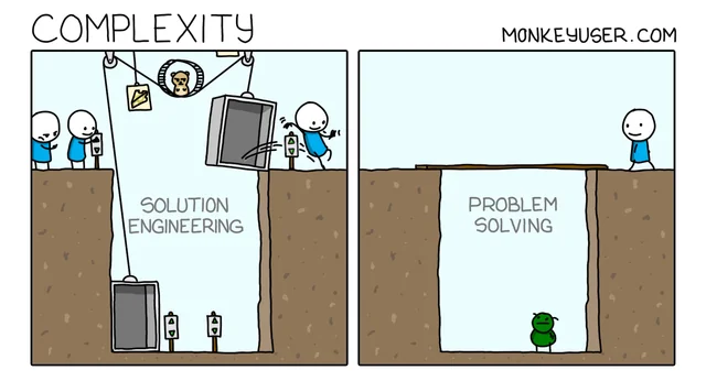 Two-panel cartoon entitled 'Complexity'.
The left panel is labeled 'solution engineering' and shows happy stick figures engineering a complex
system with pulleys, counterweights, and hamster wheels to bridge a crevasse.
The right panel is labeled 'problem solving' and shows a solitary happy stick figure
in front of a crevasse spanned by a board.
The cartoon is dated July 22, 2022 and is labeled monkeyuser.com.