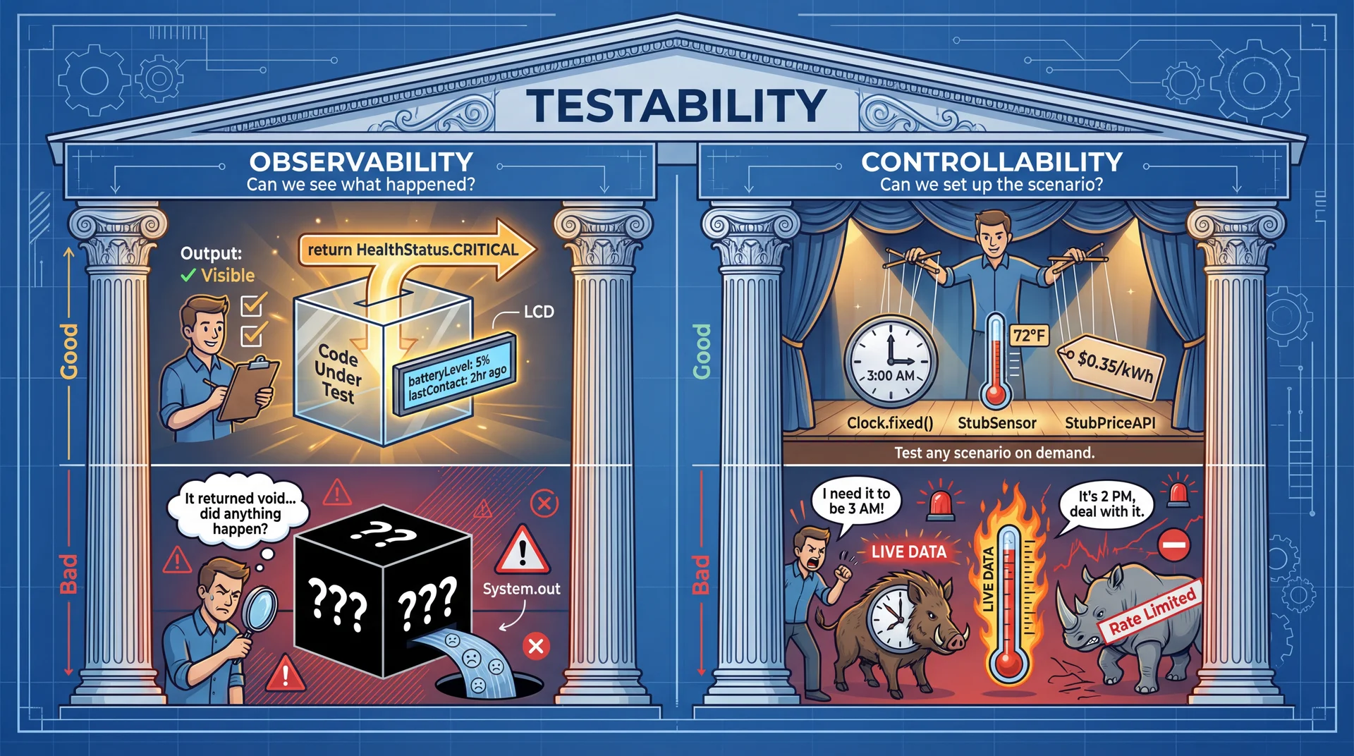 Two pillars supporting 'Testability': Left pillar 'Observability' shows a scientist examining a transparent glass box with visible internal state. Right pillar 'Controllability' shows a conductor directing dependencies. Without both pillars, the roof collapses.