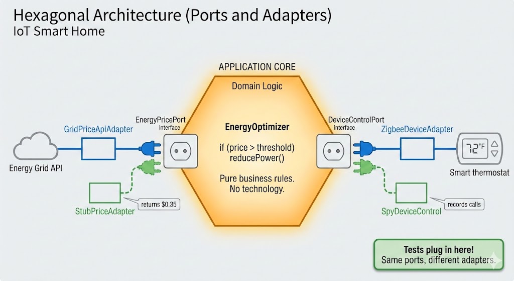 Hexagonal Architecture diagram for an IoT Smart Home. A central golden hexagon labeled 'Application Core / Domain Logic' contains 'EnergyOptimizer' with the rule 'if (price > threshold) reducePower()' and the caption 'Pure business rules. No technology.' Two ports sit on the hexagon's edges as electrical outlet sockets. On the left, EnergyPricePort has two adapters plugged in: GridPriceApiAdapter (blue, connecting to an Energy Grid API cloud) and StubPriceAdapter (green, labeled 'returns $0.35'). On the right, DeviceControlPort has ZigbeeDeviceAdapter (blue, connecting to a smart thermostat) and SpyDeviceControlAdapter (green, labeled 'records calls'). A callout reads 'Tests plug in here! Same ports, different adapters.' Blue adapters represent production; green adapters represent test doubles.