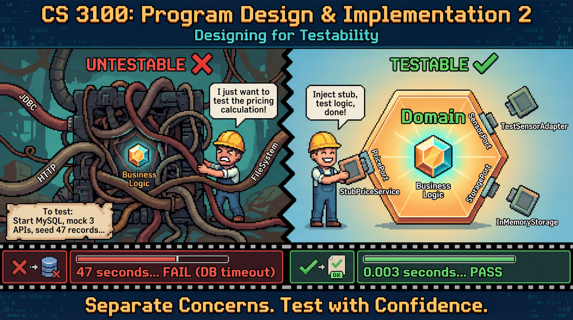 A pixel art illustration contrasting untestable code (tangled monolith with buried logic) versus testable code (hexagonal architecture with clean ports for test doubles). Shows how separating infrastructure from domain logic enables easy testing.