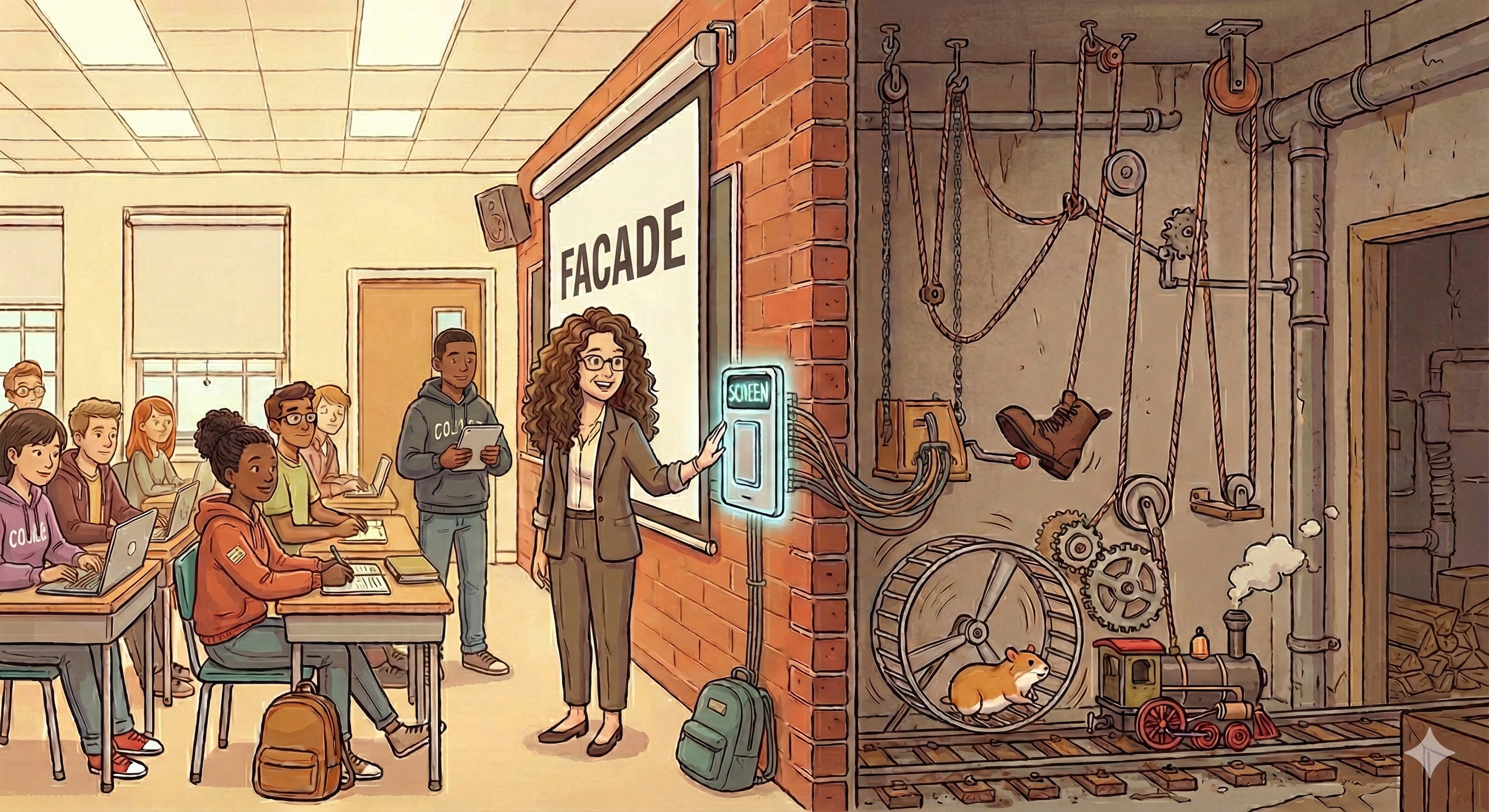 A side-by-side cutaway illustration. On the left, a professor in a college classroom presses a simple wall button. The projector screen lowers, displaying the word 'FACADE' to her students. Wires connect the button through a brick wall to a hidden utility room on the right. This room contains a chaotic Rube Goldberg machine powering the screen, featuring a hamster running on a wheel, a toy train on tracks, pulleys, and a mechanical kicking boot, illustrating a complex backend hidden behind a simple user interface.