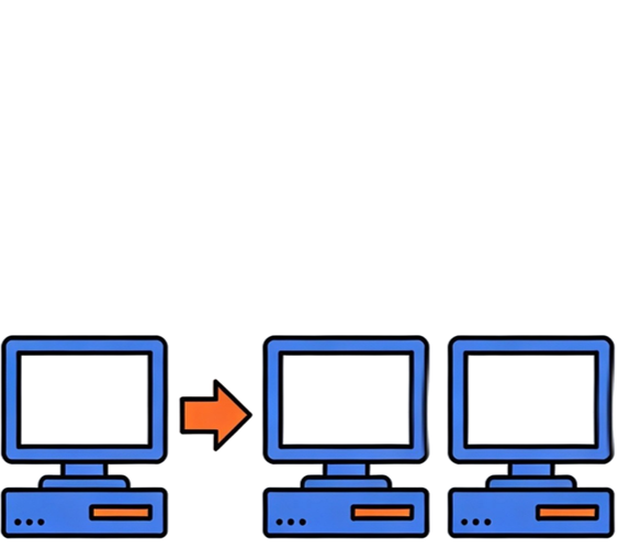 Image showing (from left to right) a single computer, a large arrow pointing right, two identical computers