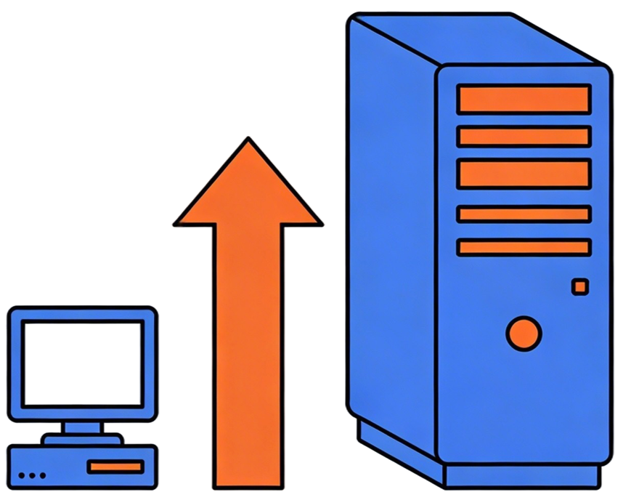 Image showing (from left to right) a small computer, a large arrow pointing up, a big computer