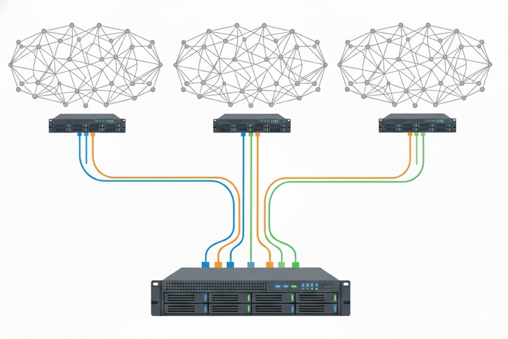 Three separate network graphs, each depicted as a cloud-shaped cluster of gray nodes and edges, float above three rack-mounted servers. Colored cables — blue, orange, and green — run from each of the three servers down to a single larger central server at the bottom, illustrating how multiple network paths converge into one system. White background.