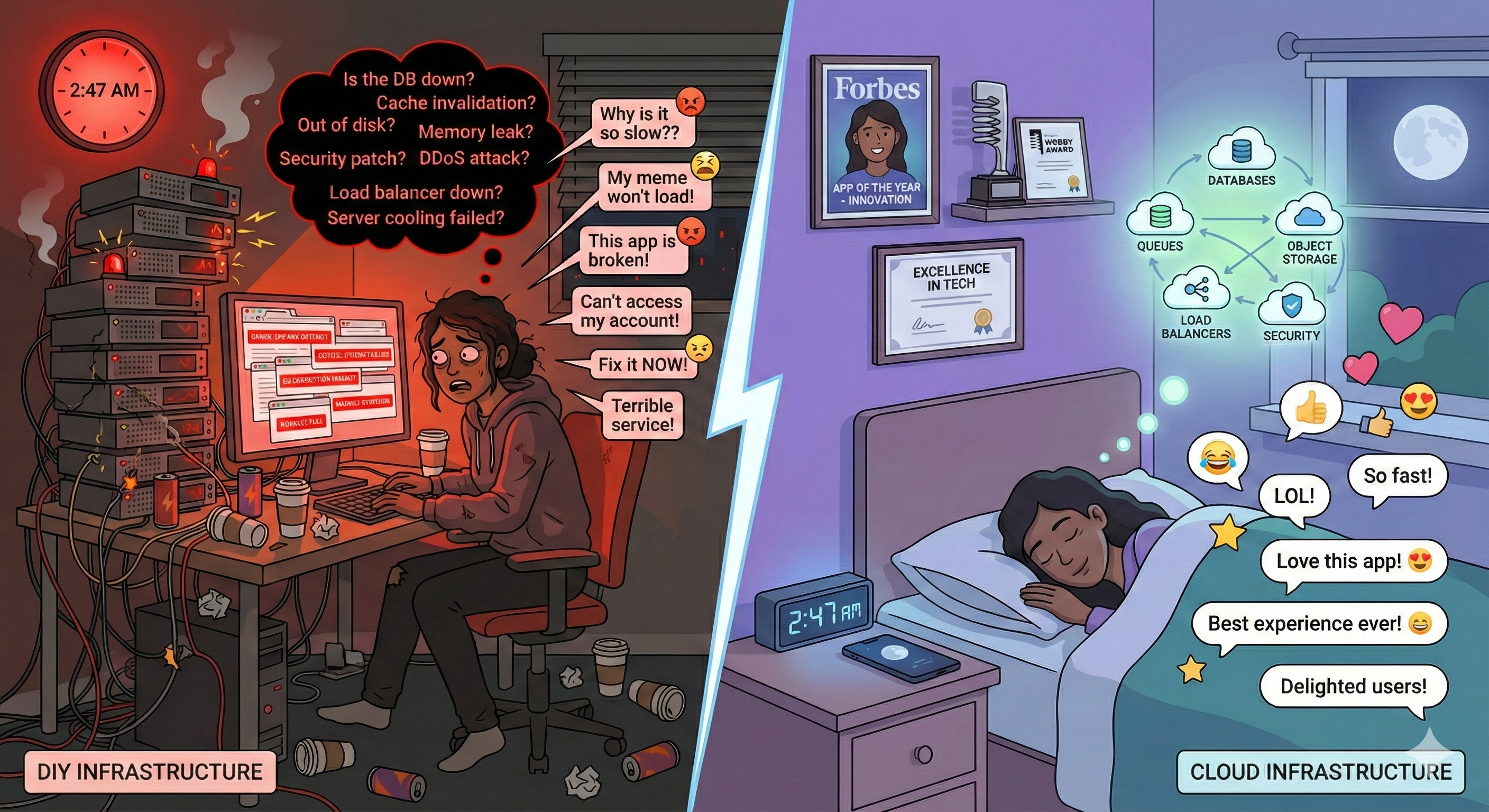 A split illustration: LEFT shows a exhausted developer at 2:47 AM surrounded by smoking servers and error screens, overwhelmed by infrastructure worries and angry user complaints. RIGHT shows the same developer sleeping peacefully while a cloud diagram displays healthy managed infrastructure and happy users reacting with hearts and laughter.