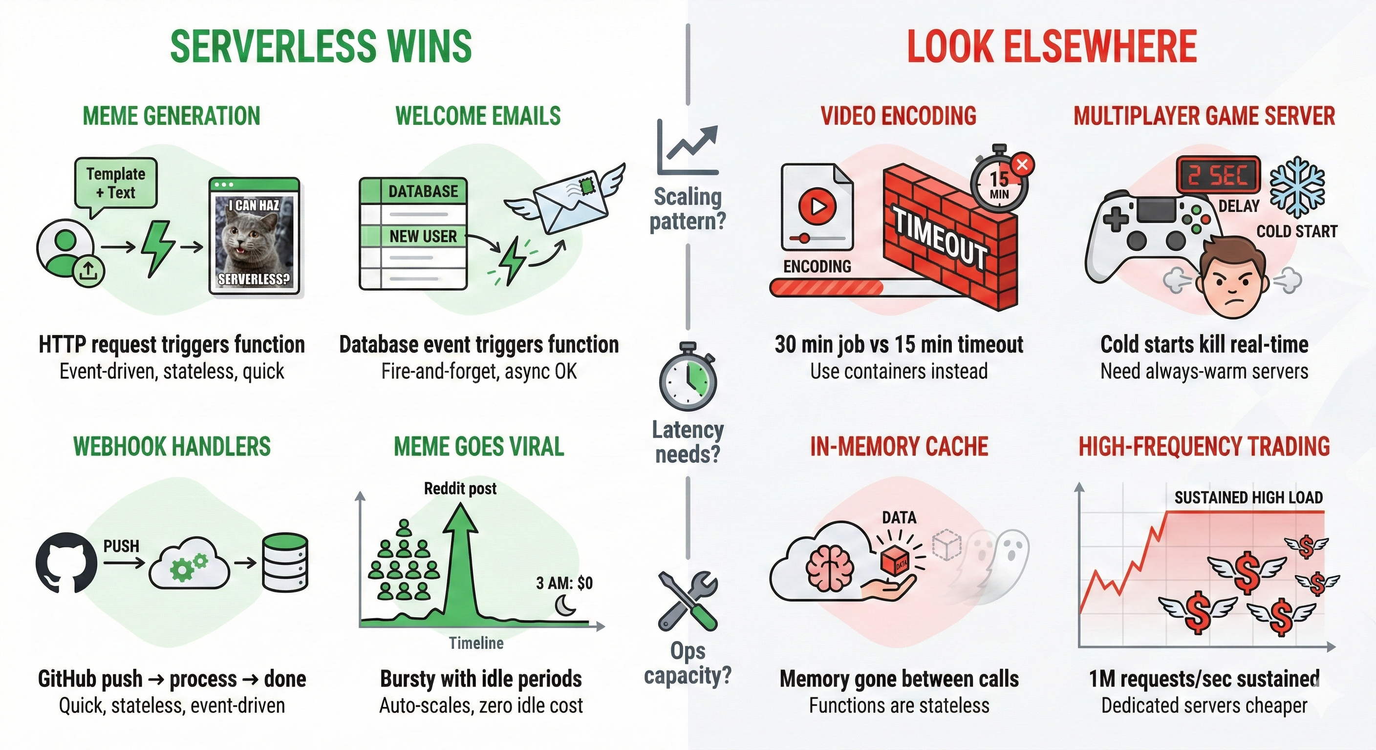 Split illustration showing serverless fit. LEFT (green): Image resize (S3 trigger), Welcome emails (database trigger), Webhook handlers (GitHub events), Submissions at deadline (bursty traffic). RIGHT (red): Video encoding (timeout), Multiplayer games (cold starts), In-memory cache (stateless problem), High-frequency trading (sustained load). Center shows the three key questions: scaling, latency, ops.