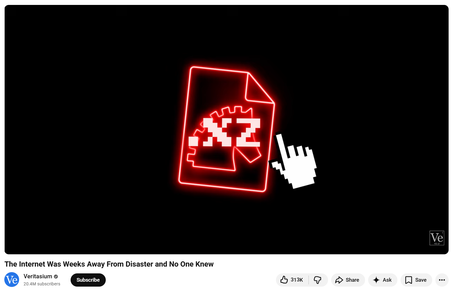 Screenshot of the YouTube page for the Veritasium video "The Internet Was Weeks Away from Disaster and No One Knew"