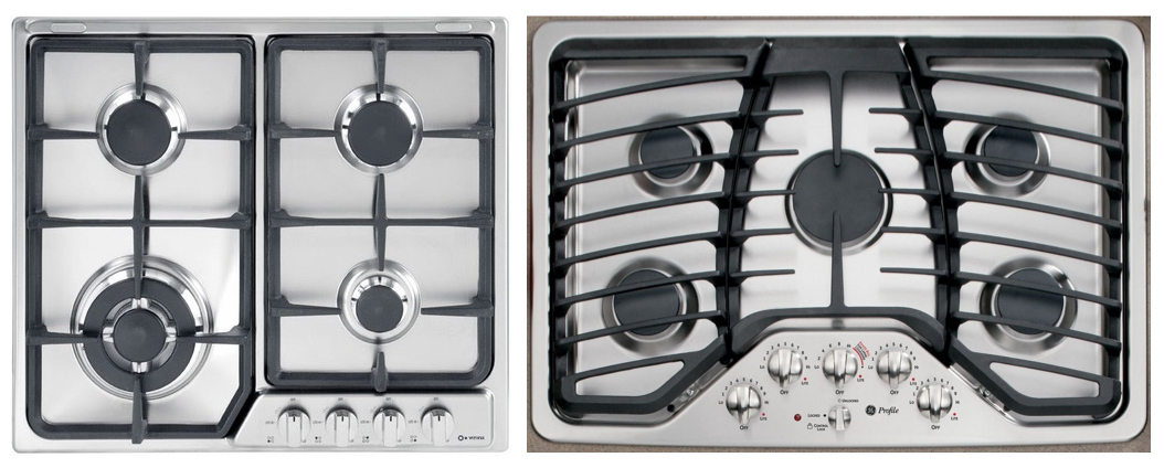 Two gas stovetops viewed from above. The left has four burners with controls in a straight horizontal row, making it unclear which knob controls which burner. The right (GE Profile) arranges five knobs to spatially correspond to burner positions, making the mapping intuitive.