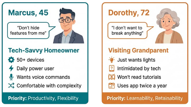 Two persona cards: Marcus (45, tech-savvy, wants productivity and flexibility, quote: 'Don't hide features from me') and Dorothy (72, visiting grandparent, wants learnability and simplicity, quote: 'I don't want to break anything').