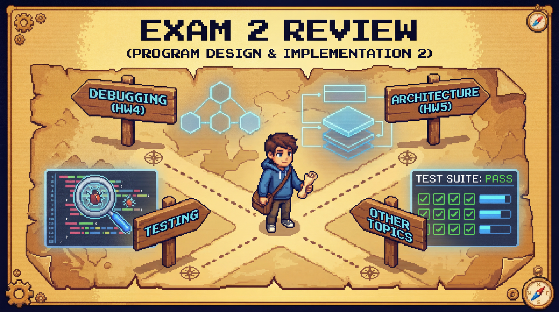 Pixel art of a student at a crossroads with four signposts: Debugging (HW4), Architecture (HW5), Testing, and Other Topics. Architectural diagrams and code in the background.