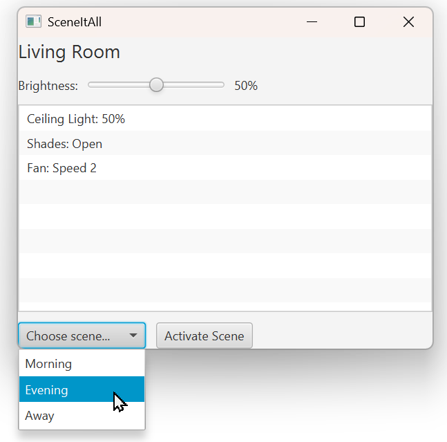 Simple SceneItAll GUI with dropdown menu for scene selection