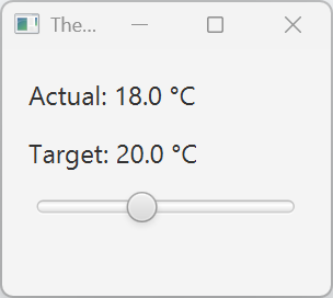 A JavaFX thermostat app showing actual temperature of 18.0°C, a target temperature label of 20.0°C, and a slider set to 20.0.