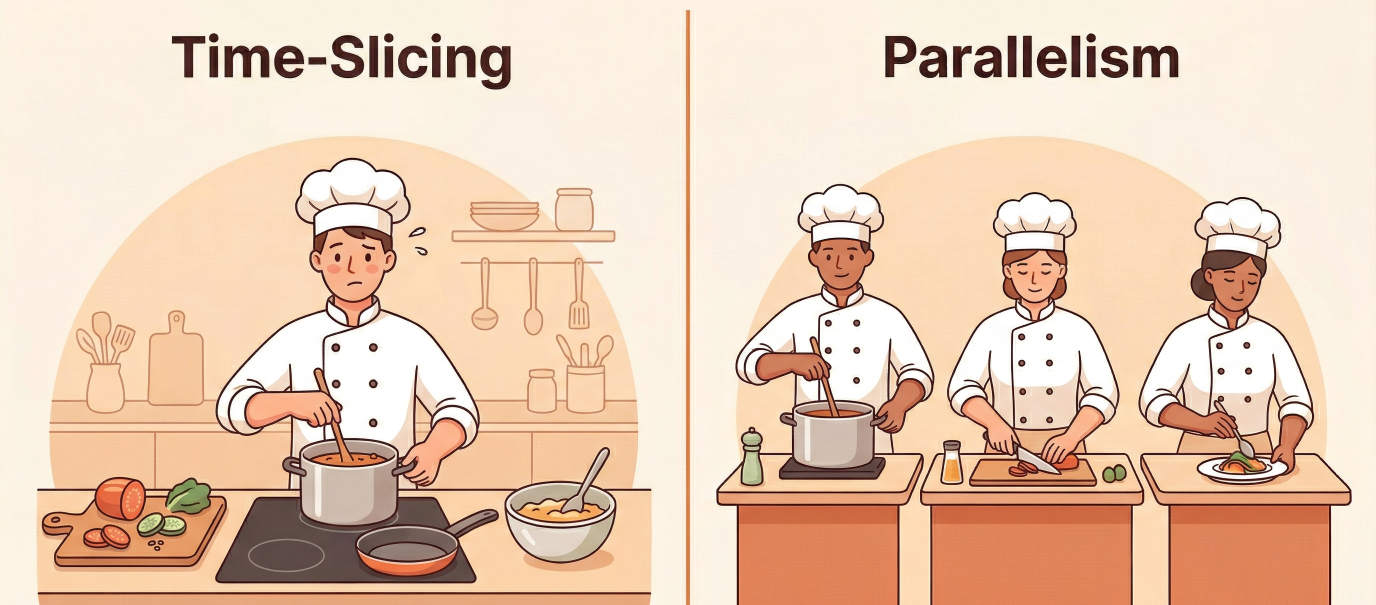 Two-panel image. The left panel is labelled 'Time-Slicing' and shows a worried chef stirring a pot, with other tasks nearby.
The right panel is labelled 'Parallelism' and shows 3 chefs serenely working on different tasks.