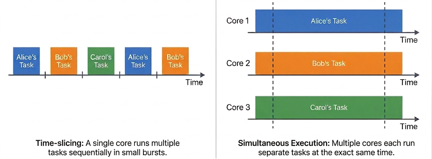 Three-row diagram: row 1 shows concurrency (1 core, interleaved threads), row 2 shows parallelism (3 cores, 3 threads), row 3 shows both (8 cores, 100+ threads interleaved across cores — the real world).