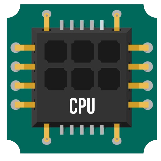 Clip art showing a square microchip labeled 'CPU' with 6 dark rectangles on it, representing cores