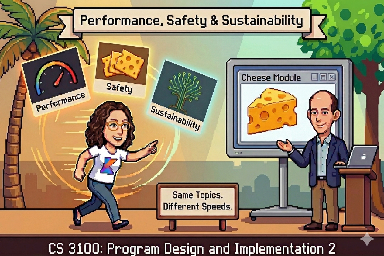 Pixel art: Ellen Spertus strides energetically on the left in a Kotlin t-shirt and jeans, surrounded by swirling panels for Performance (speedometer), Safety (Swiss cheese), and Sustainability (circuit-board tree), with a palm tree behind her. Jonathan Bell stands calmly on the right in a dark blazer beside a retro monitor displaying 'Cheese Module' with pixel-art cheese, at a wooden podium with a laptop. A sign between them reads 'Same Topics. Different Speeds.' Banner: Performance, Safety & Sustainability.