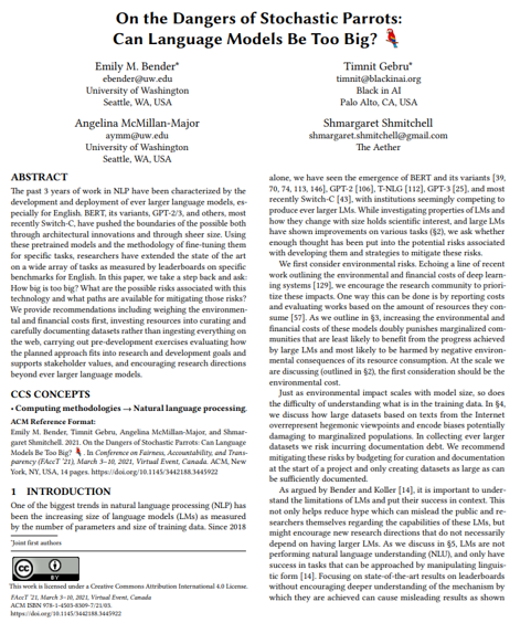 First page of the 2021 FAccT paper 'On the Dangers of Stochastic Parrots: Can Language Models Be Too Big?' by Emily M. Bender, Timnit Gebru, Angelina McMillan-Major, and Shmargaret Shmitchell.