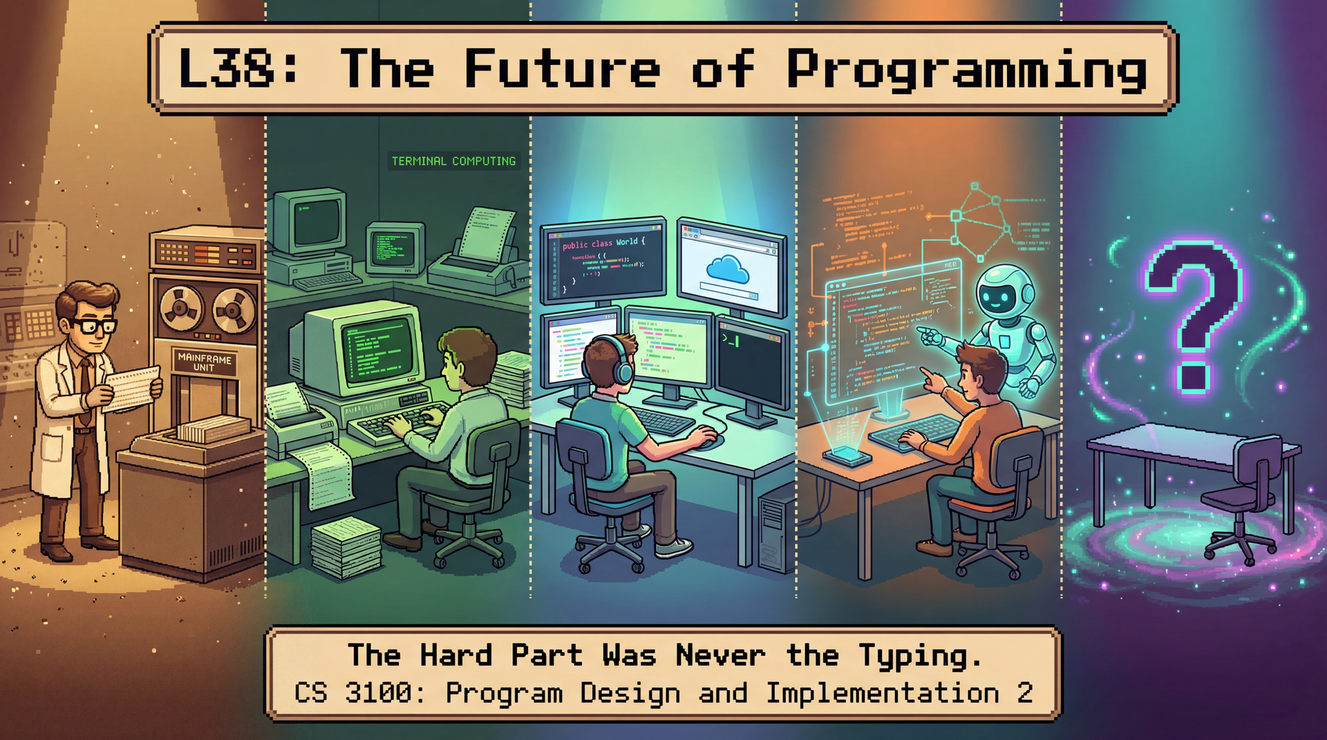 Pixel art timeline LEFT to RIGHT: 1960s programmer with punch cards, 1980s green-screen terminal, 2010s modern IDE, 2025 AI pair programming, and a glowing question mark for the unknown future. Tagline: The Hard Part Was Never the Typing.
