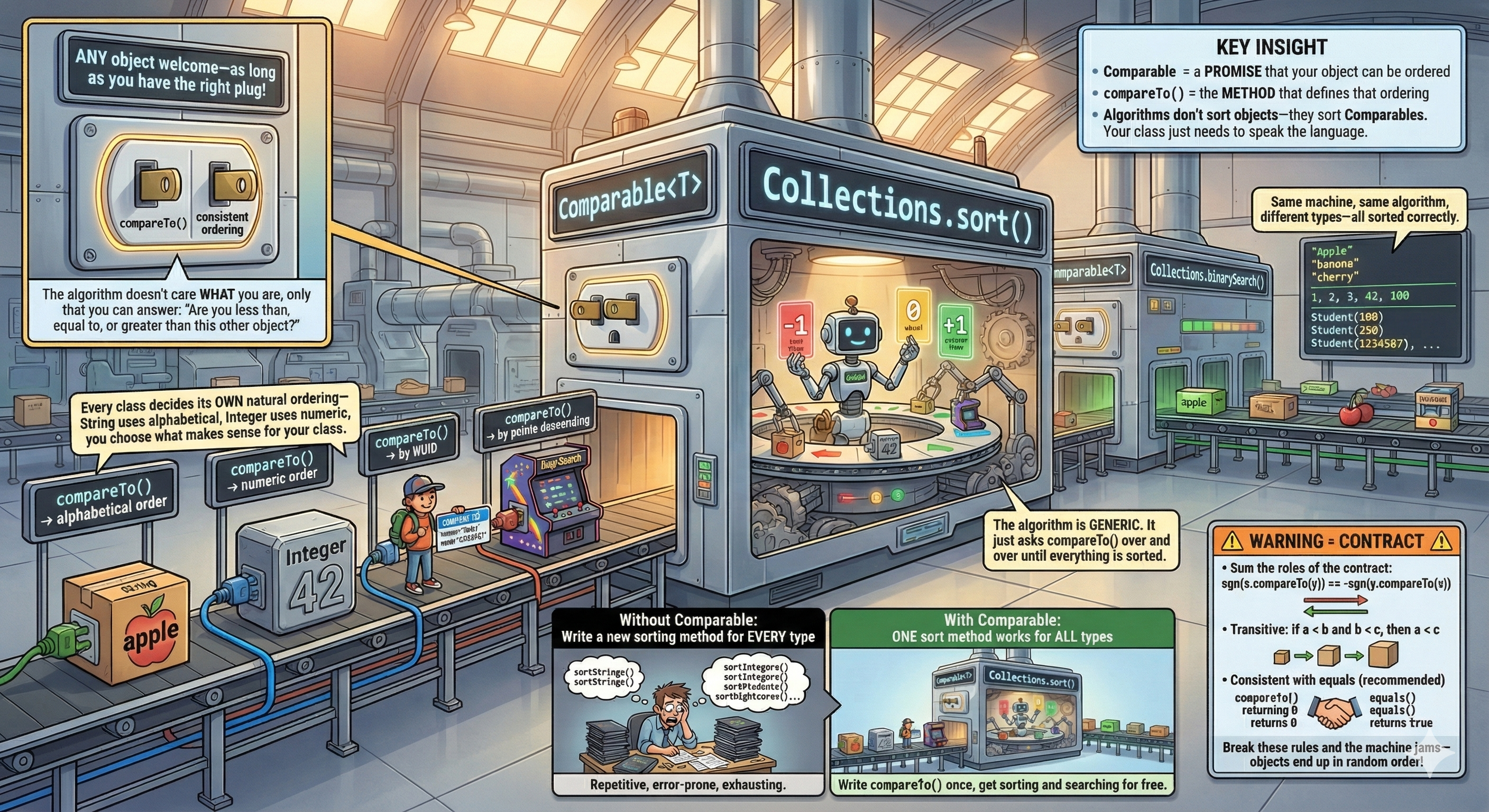 An educational infographic titled 'The Universal Sorting Machine' that uses a factory metaphor to explain Java's Comparable interface. Diverse objects, such as fruit boxes representing Strings, numbered blocks representing Integers, and people representing Student objects, are shown on a conveyor belt. Despite their differences, each object carries an identical electrical plug labeled compareTo(). These objects are fed into a large central machine labeled Collections.sort(), which accepts the universal plugs to produce sorted output lists. The illustration demonstrates how implementing the single compareTo() method allows different object types to be sorted by the same generic algorithm, contrasting this efficiency with a disorganized scene of a programmer writing repetitive code without the interface.