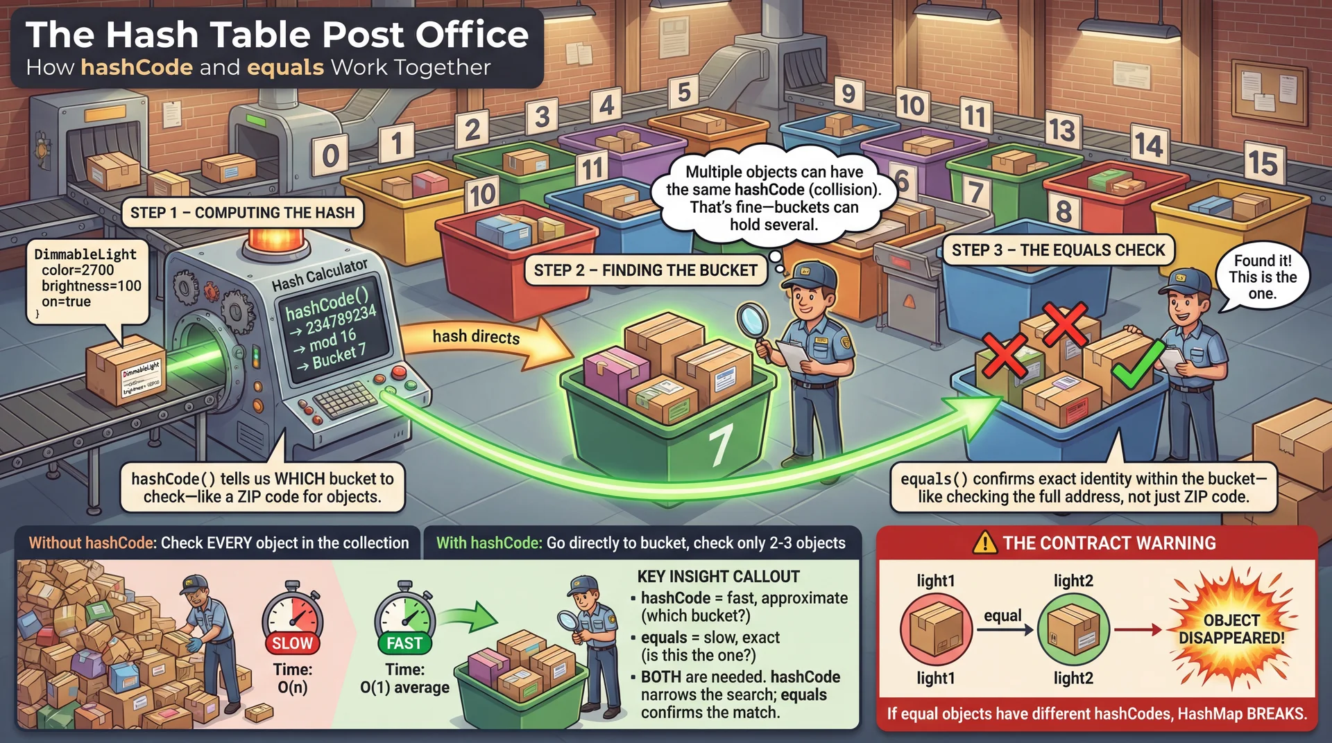 Concept: 'The Hash Table Post Office' (How hashCode and equals Work Together)
A detailed post office / mail sorting facility illustration showing how HashMap finds objects in O(1) time.
THE MAIL SORTING FACILITY:
A bird's-eye view of a mail sorting center with numbered bins (0-15, representing hash buckets). Each bin can hold multiple packages (objects).
STEP 1 - COMPUTING THE HASH:
A package (DimmableLight object) arrives at the 'Hash Calculator' station—a machine that examines the object's fields (color=2700, brightness=100, on=true) and produces a number. The machine display shows: 'hashCode() → 234789234 → mod 16 → Bucket 7'. An arrow shows the package being directed toward Bucket 7. Annotation: 'hashCode() tells us WHICH bucket to check—like a ZIP code for objects.'
STEP 2 - FINDING THE BUCKET:
Bucket 7 is highlighted, showing it contains 3 packages (objects with the same hash). Each package has a label showing its identity. A postal worker (the equals() method) stands at the bucket, examining each package one by one. Annotation: 'Multiple objects can have the same hashCode (collision). That's fine—buckets can hold several.'
STEP 3 - THE EQUALS CHECK:
The postal worker compares the incoming package against each package in the bucket using equals(). Two packages don't match (red X). One matches exactly (green ✓)! The worker calls out: 'Found it! This is the one.' Annotation: 'equals() confirms exact identity within the bucket—like checking the full address, not just ZIP code.'
BOTTOM COMPARISON - O(1) vs O(n):
Left: 'Without hashCode: Check EVERY object in the collection' — shows searching through 1000 packages one by one. Time: O(n).
Right: 'With hashCode: Go directly to bucket, check only 2-3 objects' — shows jumping to bucket 7 and checking 3 items. Time: O(1) average.
KEY INSIGHT CALLOUT:
'hashCode = fast, approximate (which bucket?)'
'equals = slow, exact (is this the one?)'
'BOTH are needed. hashCode narrows the search; equals confirms the match.'
THE CONTRACT WARNING:
Shows what happens when equals and hashCode disagree (red alert box):
- Two 'equal' objects with different hashCodes → they go to different buckets → 'light2' is in bucket 7, but 'light1' (which equals light2) is in bucket 3 → search for light1 looks in bucket 3, never finds light2 → 'OBJECT DISAPPEARED!'
A small diagram shows the failed lookup, with the object seemingly vanishing. Caption: 'If equal objects have different hashCodes, HashMap BREAKS.'
Style: Warm, friendly postal/logistics aesthetic with clear numbering, organized bins, and helpful workers. Color-code the buckets, highlight the 'found' path in green. Should make the two-phase lookup (hash → bucket → equals → found) crystal clear. The post office metaphor works because everyone understands: ZIP code gets you to the right area, then you need the full address to find the exact house.