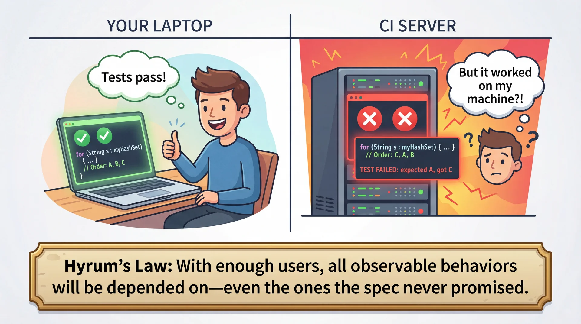 Two-panel comic: tests pass on developer laptop but fail on CI server due to HashSet iteration order, with Hyrum's Law quote