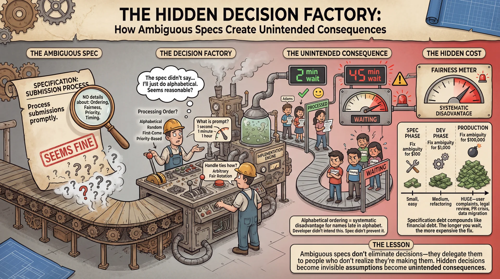 Concept: 'The Hidden Decision Factory' (How Ambiguous Specs Create Unintended Consequences)
An illustrated factory scene showing how ambiguous specifications lead to hidden, consequential decisions being made by implementers.
THE AMBIGUOUS SPEC:
A vague specification document enters the factory on a conveyor belt. It reads: 'Process submissions promptly.' A magnifying glass hovers over it showing NO details about: ordering, fairness, priority, timing. The document has a 'SEEMS FINE' stamp but is leaking question marks.
THE DECISION FACTORY:
Inside the factory, a developer stands at a workstation with multiple levers and buttons—each representing a DECISION the spec didn't make:
- Lever 1: 'Processing Order?' (alphabetical / random / first-come / priority-based)
- Lever 2: 'What is prompt?' (1 second / 1 minute / 1 hour)
- Lever 3: 'Handle ties how?' (arbitrary / fair rotation)
The developer shrugs and pulls levers somewhat randomly: 'The spec didn't say... I'll just do alphabetical. Seems reasonable?'
THE UNINTENDED CONSEQUENCE:
The factory output shows a queue of student submissions being processed. Students named 'Adams', 'Baker', 'Chen' get processed quickly (shown smiling, timer showing '2 min wait'). Students named 'Williams', 'Young', 'Zhang' wait much longer (shown frustrated, timer showing '45 min wait'). A fairness meter shows a red warning. Caption: 'Alphabetical ordering = systematic disadvantage for names late in alphabet. Developer didn't intend this. Spec didn't prevent it.'
THE HIDDEN COST:
A timeline showing:
- 'SPEC PHASE: Fix ambiguity for $100' (small, easy)
- 'DEV PHASE: Fix ambiguity for $1,000' (medium, refactoring)
- 'PRODUCTION: Fix ambiguity for $100,000' (huge—user complaints, legal review, PR crisis, data migration)
Caption: 'Specification debt compounds like financial debt. The longer you wait, the more expensive the fix.'
THE LESSON:
'Ambiguous specs don't eliminate decisions—they delegate them to people who don't realize they're making them. Hidden decisions become invisible assumptions become unintended consequences.'
Style: Whimsical factory/Rube-Goldberg aesthetic with clear cause-and-effect flow. Show the chain from 'vague spec' → 'arbitrary implementation choice' → 'real-world unfairness'. Color palette: grays and browns for the ambiguous input, increasingly alarming reds for the consequences. Should feel like a cautionary tale that makes students want to clarify their specs upfront.