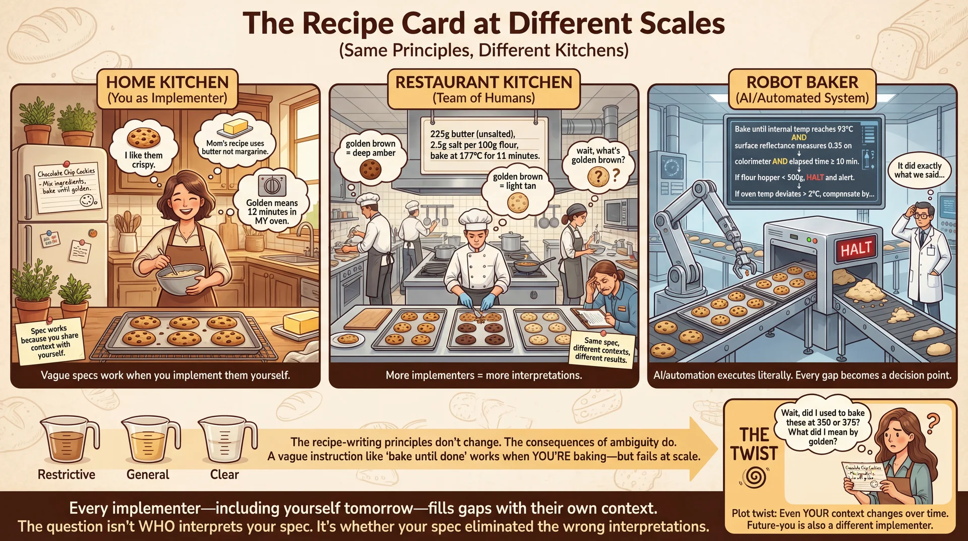 Concept: 'The Recipe Card at Different Scales' (Same Principles, Different Kitchens)
A warm, inviting three-panel illustration showing that recipe-writing principles remain constant whether you're cooking for yourself, running a restaurant, or programming a robot baker. Rendered in a cozy culinary-meets-technical style with consistent visual language across all three scales.
LEFT PANEL - 'HOME KITCHEN' (You as Implementer):
A cozy home kitchen with a handwritten recipe card pinned to the fridge: 'Chocolate Chip Cookies - Mix ingredients, bake until golden.' A home cook (you) stands at the counter, confidently filling in the gaps: thought bubbles show 'I like them crispy,' 'Mom's recipe uses butter not margarine,' 'Golden means 12 minutes in MY oven.' The cookies come out perfect because YOUR context matches YOUR intent. A small note: 'Spec works because you share context with yourself.' Warm, golden lighting. Caption: 'Vague specs work when you implement them yourself.'
CENTER PANEL - 'RESTAURANT KITCHEN' (Team of Humans):
A bustling professional kitchen with multiple cooks at different stations, all reading the SAME recipe card—but now it's more detailed: '225g butter (unsalted), 2.5g salt per 100g flour, bake at 177°C for 11 minutes.' Different cooks have different thought bubbles showing their interpretations: Cook A thinks 'golden brown = deep amber,' Cook B thinks 'golden brown = light tan,' Cook C (new hire) thinks 'wait, what's golden brown?' Some cookies come out perfect, some burnt, some underdone. A quality control inspector looks frustrated. Note: 'Same spec, different contexts, different results.' Caption: 'More implementers = more interpretations.'
RIGHT PANEL - 'ROBOT BAKER' (AI/Automated System):
A gleaming automated bakery line with a robot arm and conveyor belt. The recipe is now a detailed specification document: 'Bake until internal temp reaches 93°C AND surface reflectance measures 0.35 on colorimeter AND elapsed time ≥ 10 min. If flour hopper < 500g, HALT and alert. If oven temp deviates > 2°C, compensate by...' The robot executes EXACTLY what's specified—no more, no less. One batch shows perfect cookies. Another batch shows the robot has stopped mid-production because the spec said 'halt' but didn't say what to do after refilling flour. An engineer scratches their head: 'It did exactly what we said...' Caption: 'AI/automation executes literally. Every gap becomes a decision point.'
BOTTOM UNIFYING ELEMENT:
A horizontal strip showing the same three principles (Restrictive, General, Clear) as measuring cups that appear in all three kitchens—same tools, different scales. Central message: 'The recipe-writing principles don't change. The consequences of ambiguity do. A vague instruction like 'bake until done' works when YOU'RE baking—but fails at scale.'
THE TWIST (Important callout box):
Shows the home cook returning to their kitchen 6 months later, following their own vague recipe... and the cookies come out wrong. Thought bubble: 'Wait, did I used to bake these at 350 or 375? What did I mean by golden?' Caption: 'Plot twist: Even YOUR context changes over time. Future-you is also a different implementer.'
BOTTOM TAGLINE:
'Every implementer—including yourself tomorrow—fills gaps with their own context. The question isn't WHO interprets your spec. It's whether your spec eliminated the wrong interpretations.'
Style: Warm bakery aesthetic with rich browns, warm yellows, and cream colors. Each panel should feel progressively more industrial/technical while maintaining the cooking metaphor. The home kitchen is cozy and personal, the restaurant is professional but human, the robot bakery is precise and clinical. Should feel like a relatable story that makes students think: 'Oh, I've been that home cook who couldn't follow my own recipe later!'