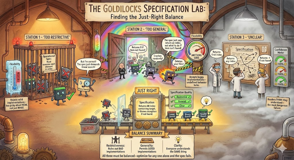 A whimsical laboratory illustration titled "The Goldilocks Specification Lab." Three stations demonstrate specification failures: "Too Restrictive" shows a cage rejecting valid code like Binary Search; "Too General" depicts a barn door admitting buggy implementations; and "Unclear" features confused developers interpreting smudged text differently. In the glowing center, a "Just Right" machine perfectly filters code, allowing all valid implementations (linear, binary, parallel) to pass while rejecting bugs. A summary panel emphasizes balancing restrictiveness, generality, and clarity to create effective software specifications.