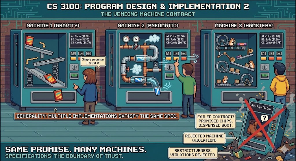 A pixel art illustration titled "The Vending Machine Contract" showing three vending machines with identical interfaces (Chips $1.00, Soda $1.50, Candy $0.75) but different internal mechanisms: one uses gravity and ramps, one uses pneumatic tubes with steam gauges, and one uses hamsters running on wheels and conveyor belts. All three successfully deliver the correct products. In the corner, a rejected fourth machine lies broken in a trash heap—it promised chips but dispensed a boot, violating the contract. The caption reads "Same Promise. Many Machines." illustrating how multiple implementations can satisfy the same specification, but violations are rejected.