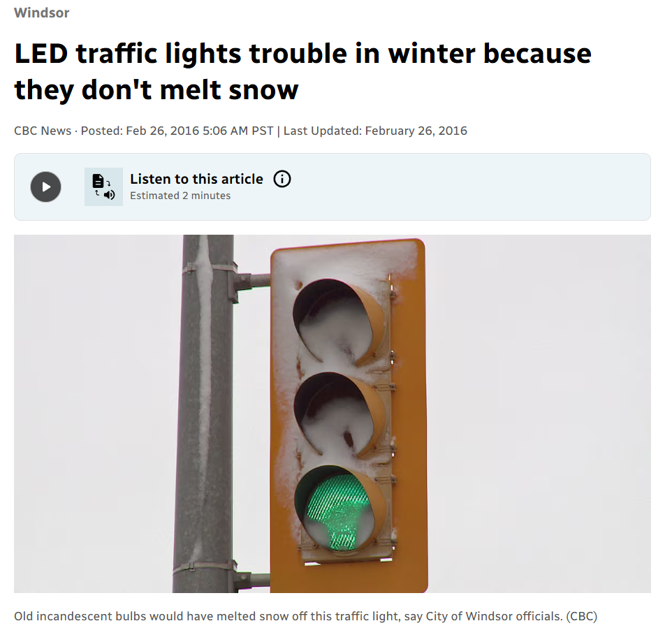 Headline from CBC article: 'LED traffic lights trouble in winter because they don't melt snow