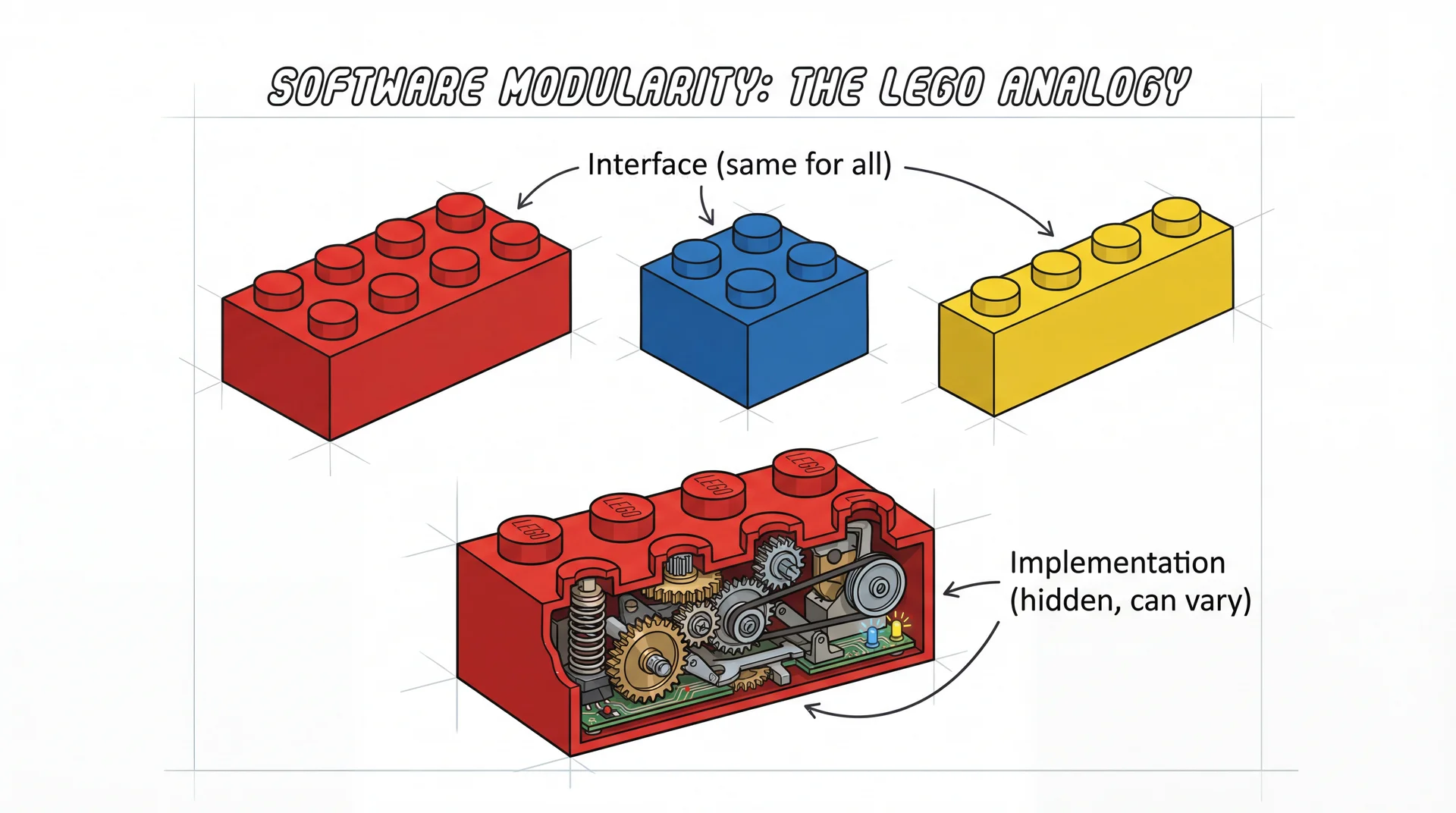 LEGO bricks with same interface (studs) but different hidden implementations