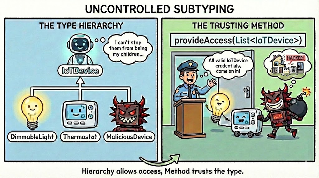 In the left panel, three devices subtype IoTDevice: DimmableLight, Thermostat, and MaliciousDevice. In the right panel, all are admitted into a trusting method, provideAccess(List<IoTDevice>)